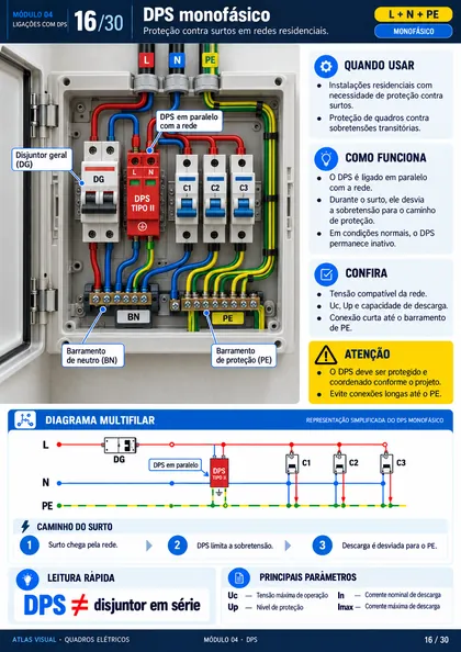 Esquema de ligação — Quadro monofásico com DR e DPS