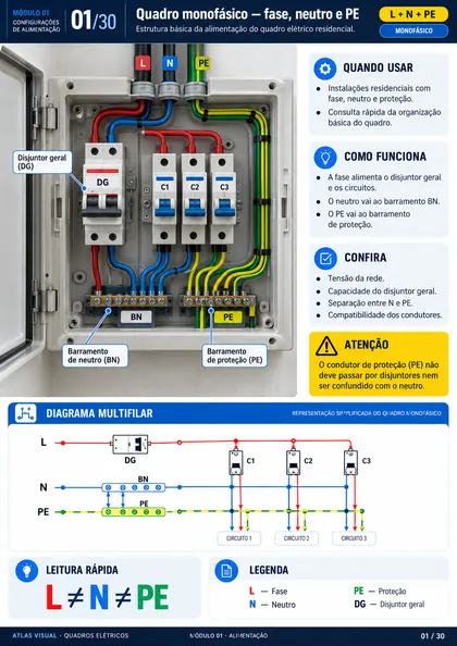Esquema de ligação — Quadro trifásico com distribuição de circuitos
